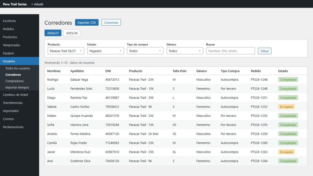 Tabla de corredores con filtros y descarga