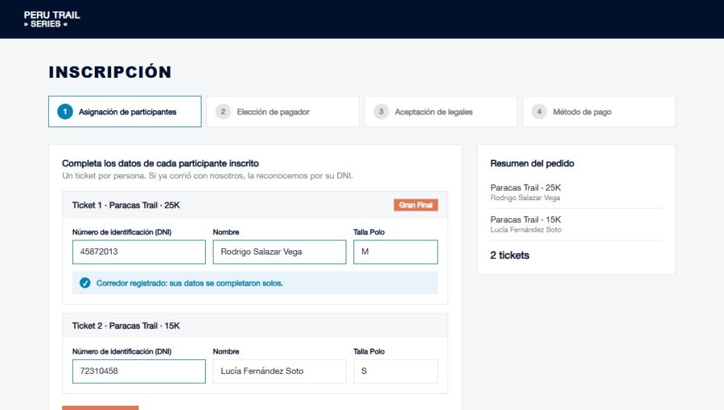 Primer paso del checkout: los datos de cada participante